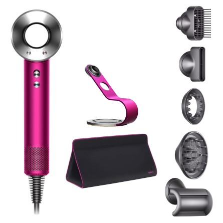 Фен Dyson Supersonic HD07 фуксия/яркий никель с 5 насадками, подставкой и дорожным чехлом